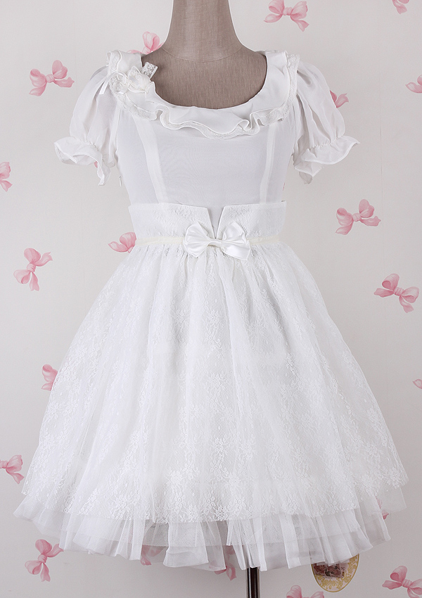 Plain White Chiffon Round Neck Gauze Fashion Lolita Dress