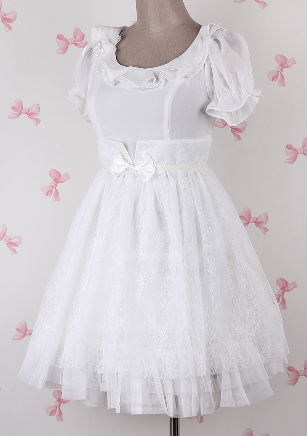 Plain White Chiffon Round Neck Gauze Fashion Lolita Dress