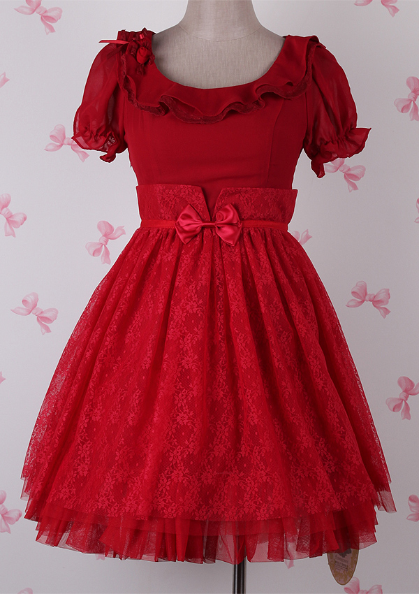 Plain Red Chiffon Round Neck Gauze Fashion Lolita Dress