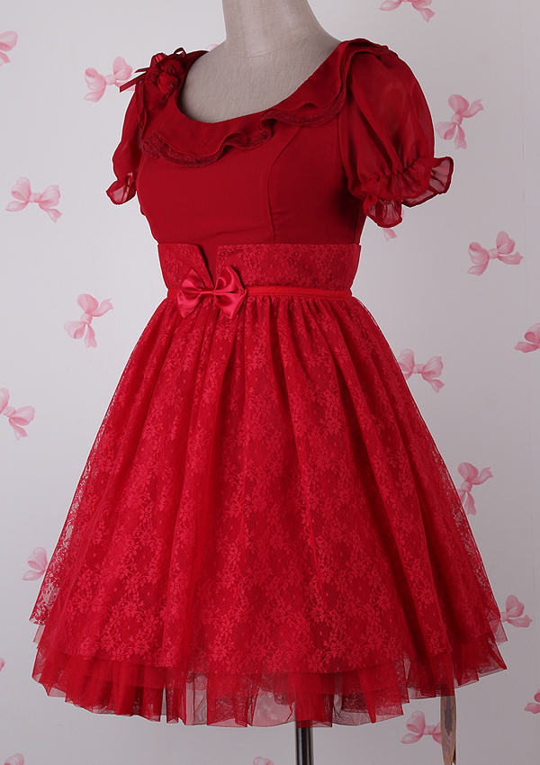 Plain Red Chiffon Round Neck Gauze Fashion Lolita Dress