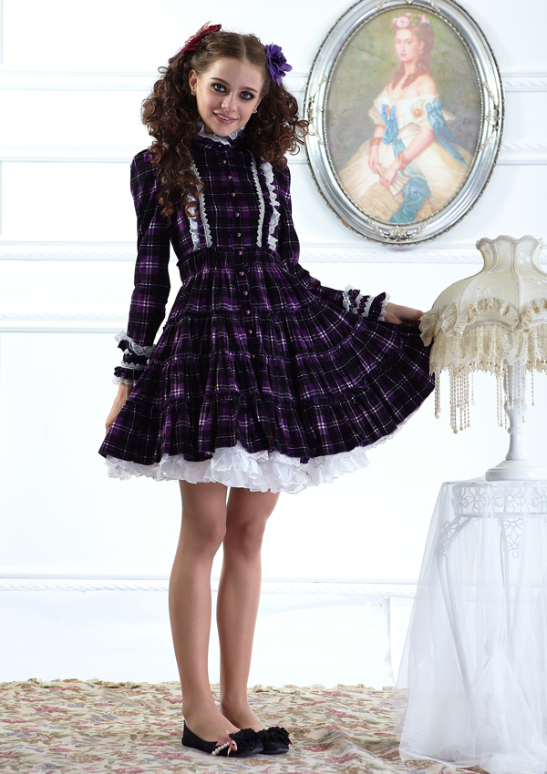 Purple Lattice Stand Collar Fashion Lolita Dress