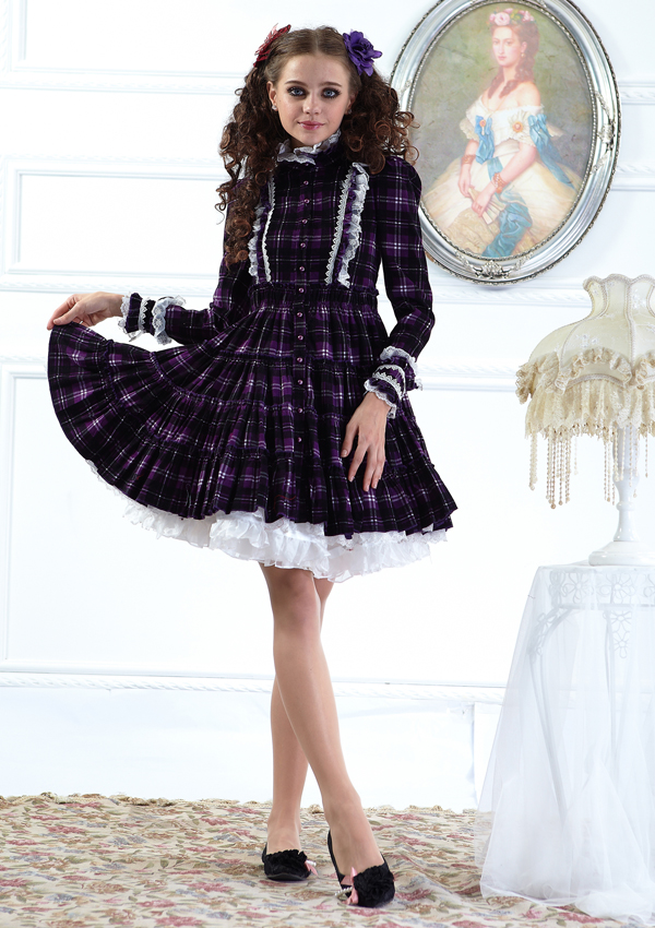 Purple Lattice Stand Collar Fashion Lolita Dress