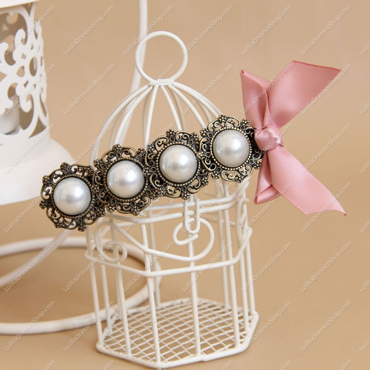 Vintage Lady Pearl Bow Lolita Headdress Barrette