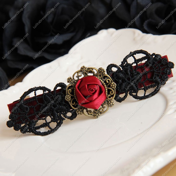 Vampire Black Lace Red Flowers Lolita Headdress Barrette