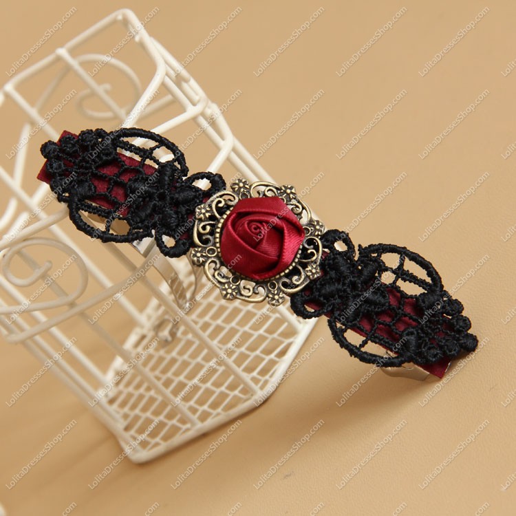 Vampire Black Lace Red Flowers Lolita Headdress Barrette