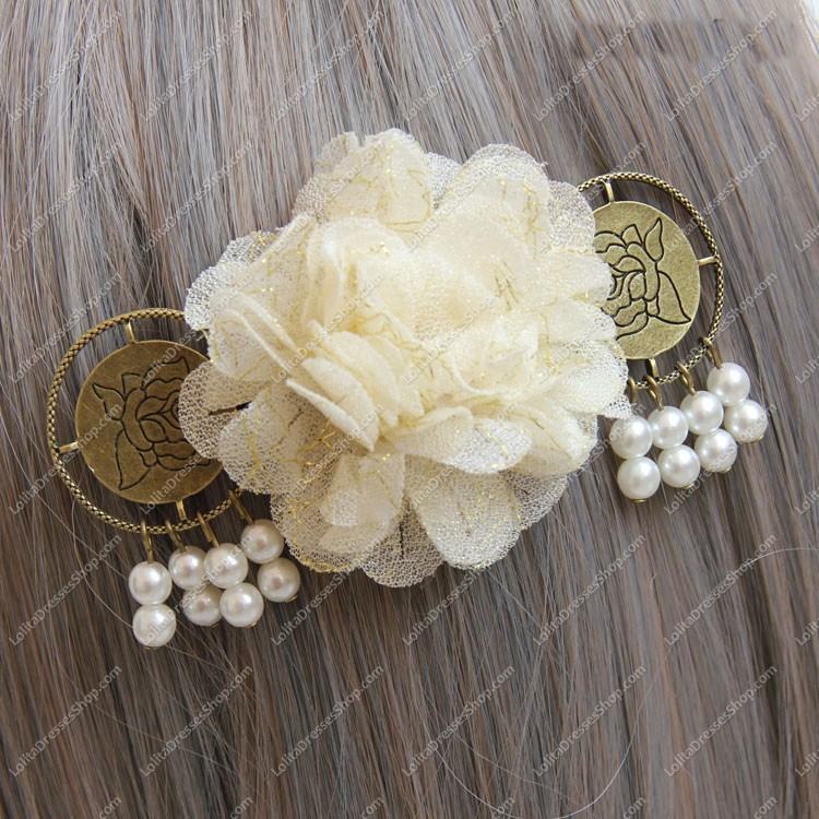 Beige Flower Tassels Pearl Lolita Headdress Barrette