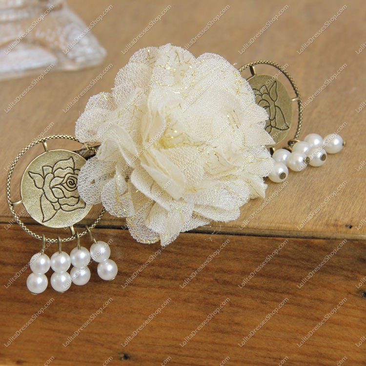 Beige Flower Tassels Pearl Lolita Headdress Barrette