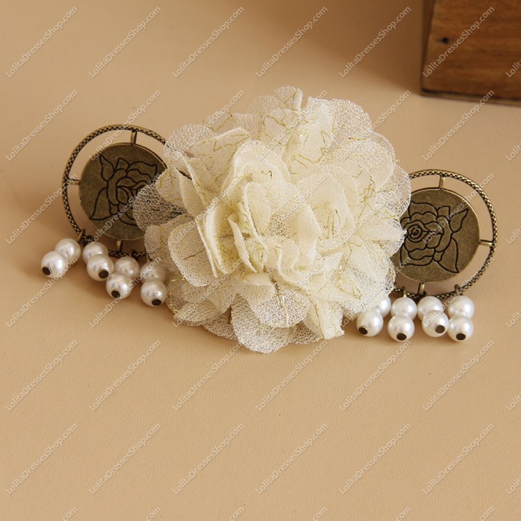 Beige Flower Tassels Pearl Lolita Headdress Barrette