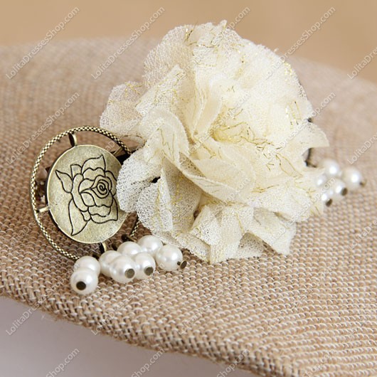 Beige Flower Tassels Pearl Lolita Headdress Barrette