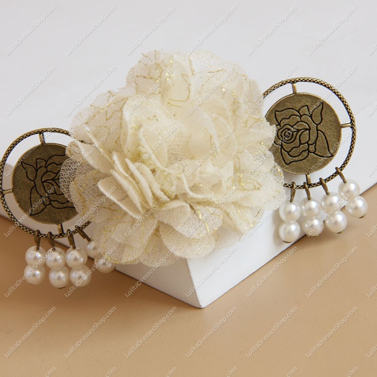 Beige Flower Tassels Pearl Lolita Headdress Barrette