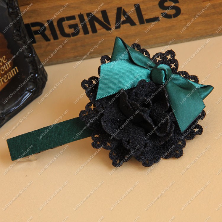 Black Gothic Flowers Green Bow Lolita Headdress Barrette