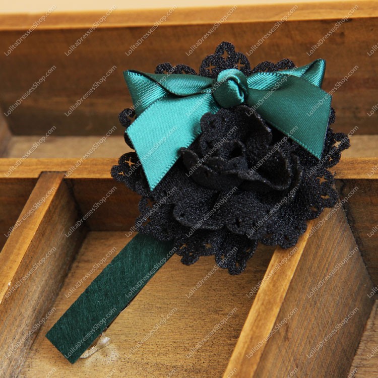 Black Gothic Flowers Green Bow Lolita Headdress Barrette