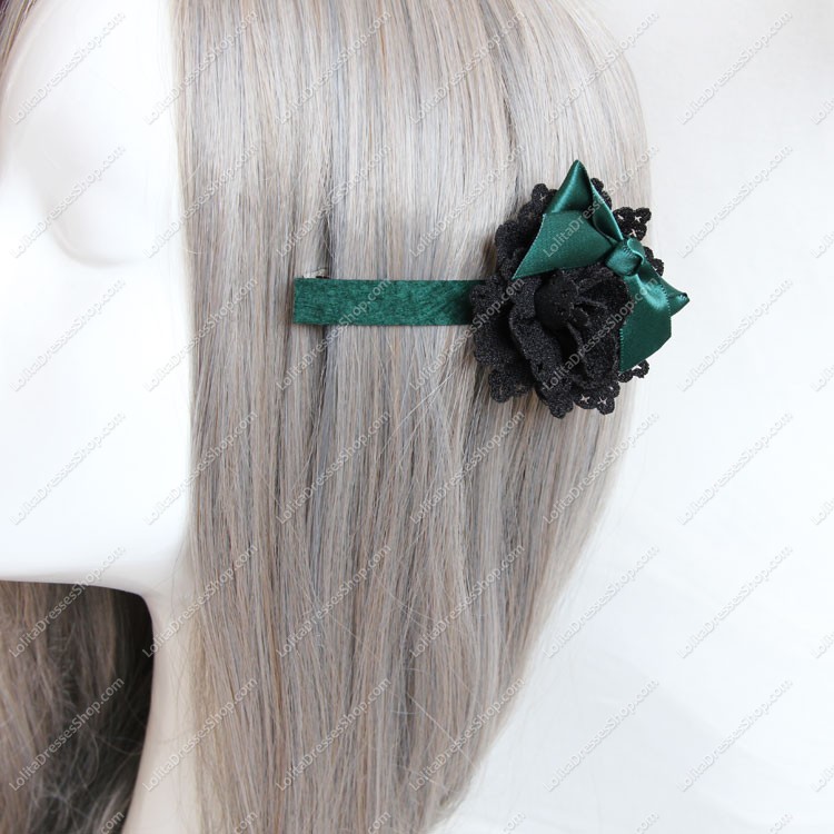 Black Gothic Flowers Green Bow Lolita Headdress Barrette
