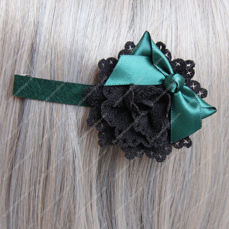 Black Gothic Flowers Green Bow Lolita Headdress Barrette