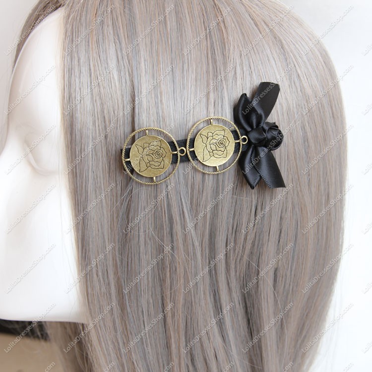 Vintage Black Rose Bow Lolita Headdress Barrette