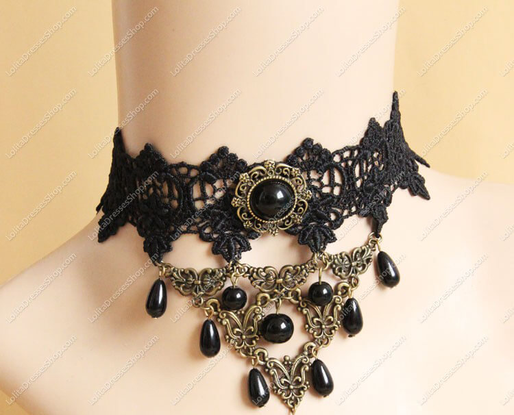 Black Lace with Bronze Accessories Pearls Lolita Necklace