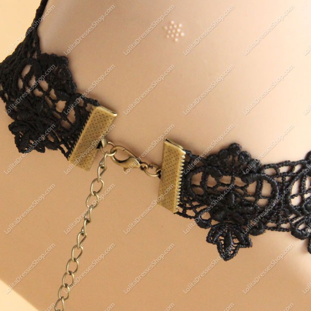 Black Lace with Bronze Accessories Pearls Lolita Necklace
