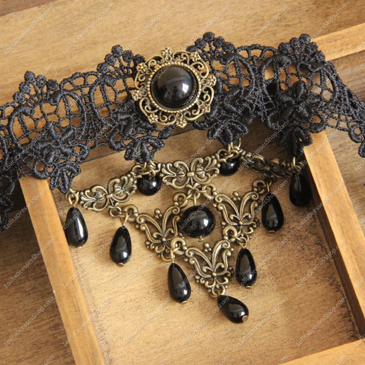 Black Lace with Bronze Accessories Pearls Lolita Necklace