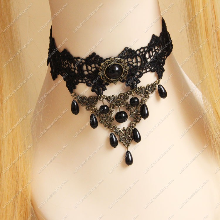 Black Lace with Bronze Accessories Pearls Lolita Necklace