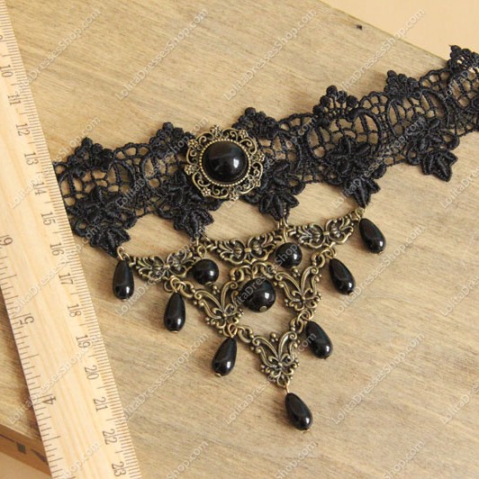 Black Lace with Bronze Accessories Pearls Lolita Necklace