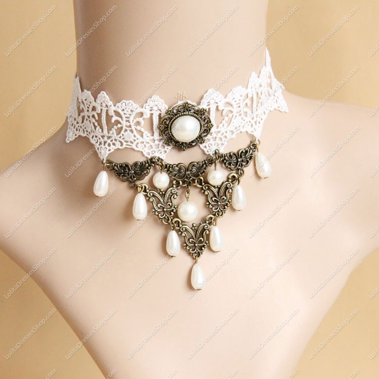 White Lace with Bronze Accessories Pearls Lolita Necklace