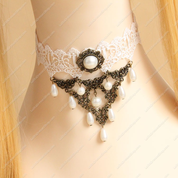 White Lace with Bronze Accessories Pearls Lolita Necklace