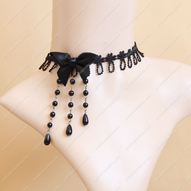 Cheap Black Lace Bowknot and Pearls Tassel Lolita Necklace Sale At ...