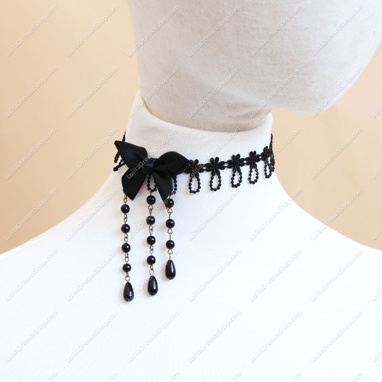 Black Lace Bowknot and Pearls Tassel Lolita Necklace