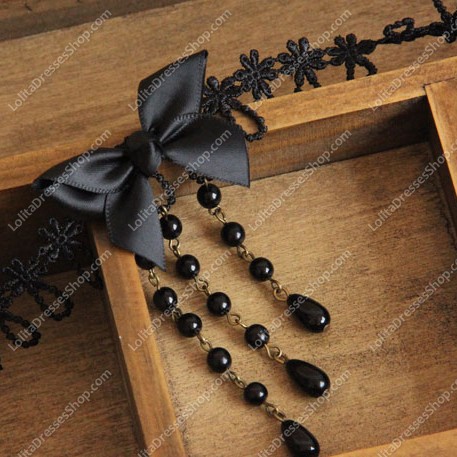 Black Lace Bowknot and Pearls Tassel Lolita Necklace