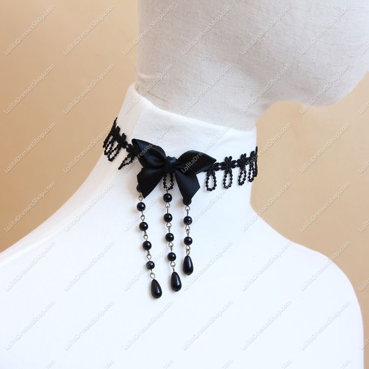 Black Lace Bowknot and Pearls Tassel Lolita Necklace