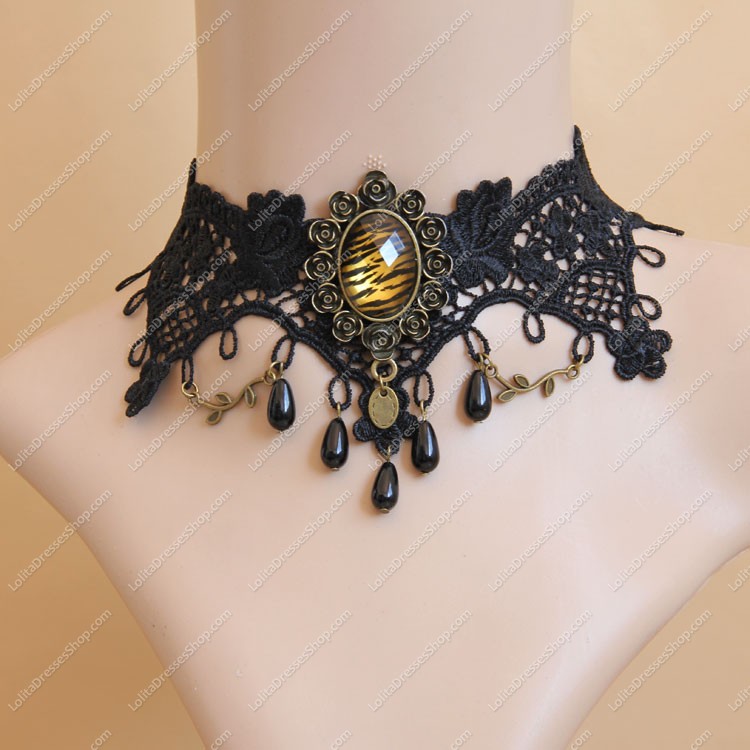 Elegant Black Lace Leopard Pearls Lolita Necklace