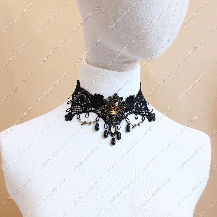 Elegant Black Lace Leopard Pearls Lolita Necklace