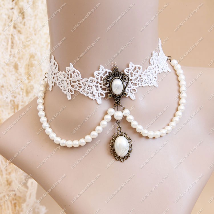 Sweet White Lace Pearls Lolita Necklace