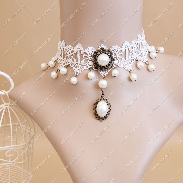 Sweet White Lace Pearls Tassel Lolita Necklace