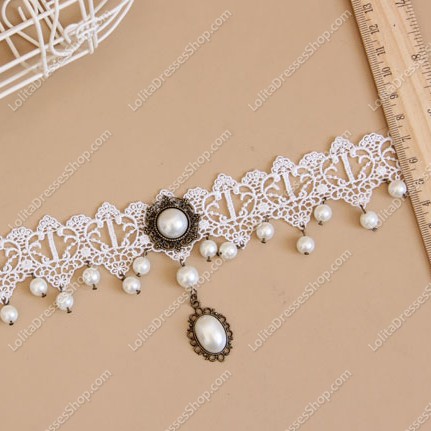 Sweet White Lace Pearls Tassel Lolita Necklace