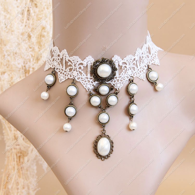 Unique Sweet White Lace Pearls Tassel Lolita Necklace