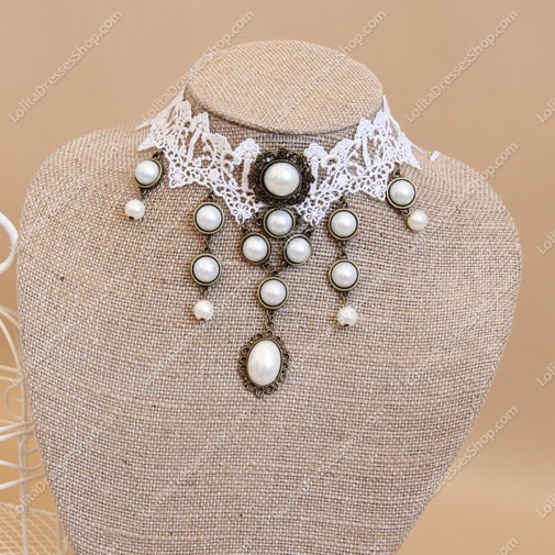 Unique Sweet White Lace Pearls Tassel Lolita Necklace