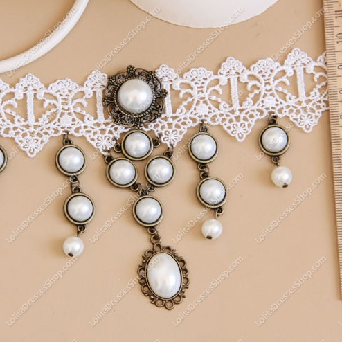 Unique Sweet White Lace Pearls Tassel Lolita Necklace