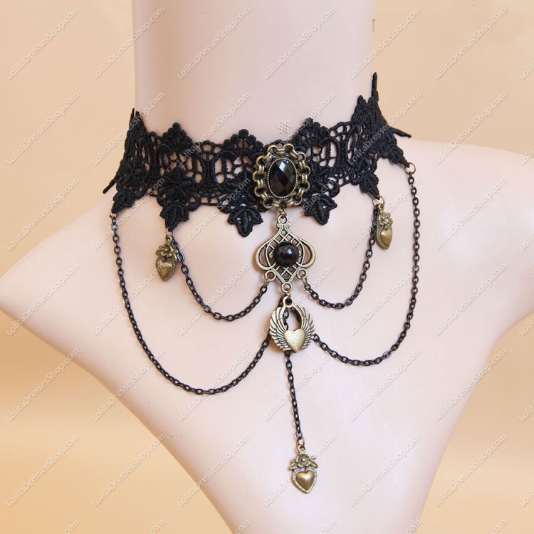 Black Lace Heart and Pearls Lolita Necklace