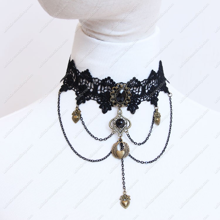 Black Lace Heart and Pearls Lolita Necklace