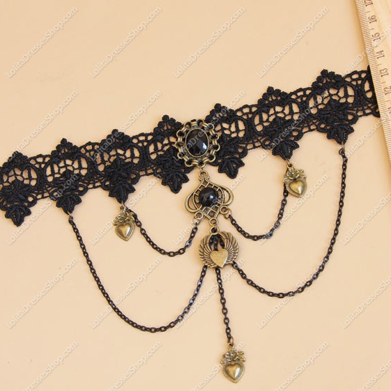 Black Lace Heart and Pearls Lolita Necklace