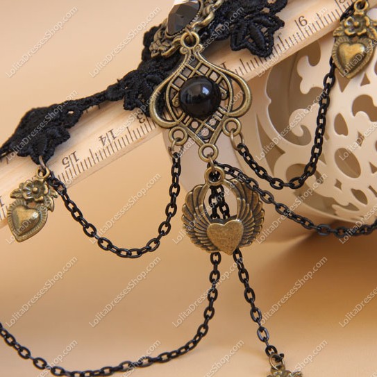 Black Lace Heart and Pearls Lolita Necklace
