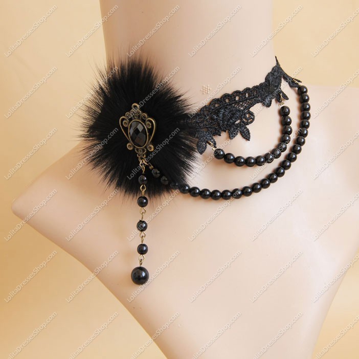 Sexy Pearl Hairy Winter Fashion Luxury Black Lace Lolita Necklace