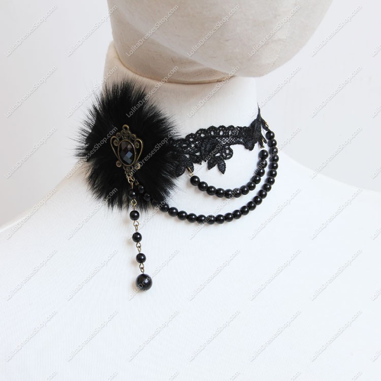 Sexy Pearl Hairy Winter Fashion Luxury Black Lace Lolita Necklace