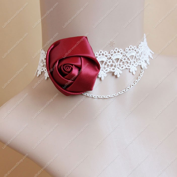 White Lace with Red Rose Lolita Necklace