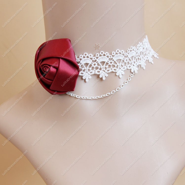 White Lace with Red Rose Lolita Necklace