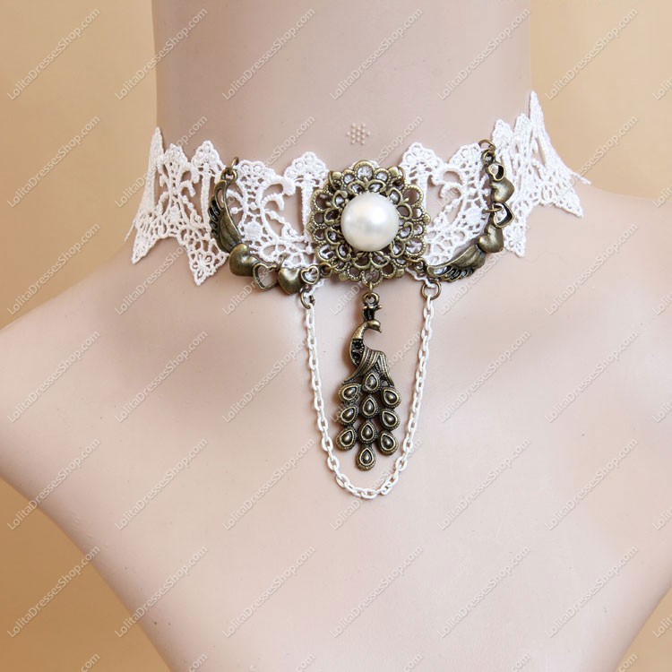 Pearl Peacock White Lace Bridal Gown Fashion Lolita Necklace