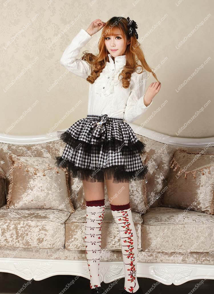 School Style White and Black Lattice Lolita Skirt