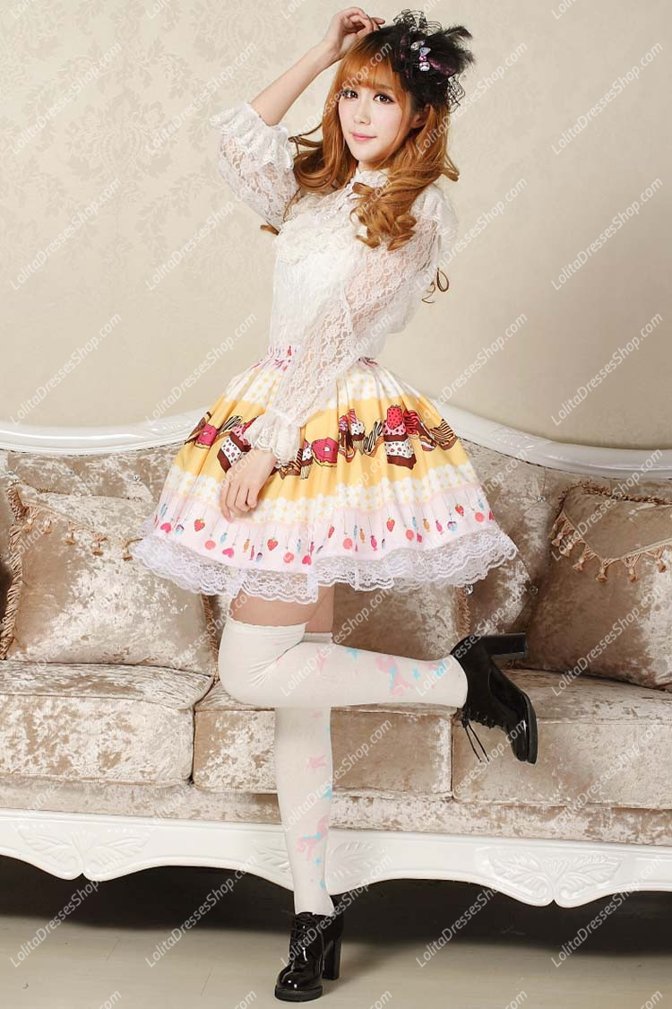 Light Yellow Candy Ice Cream Lace Hem Lolita Skirt