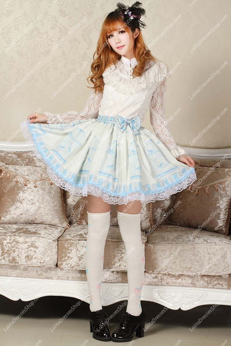 Sky Blue Nightingale Printed Bowknot Sweet Lolita Skirt